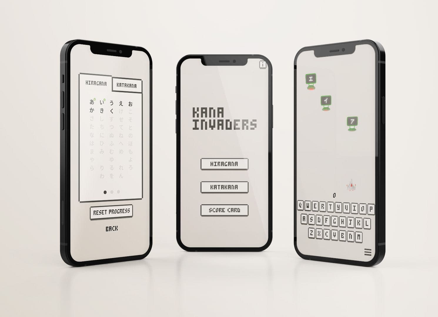 Kana Invaders on three phones: kana chart, title screen and gameplay
