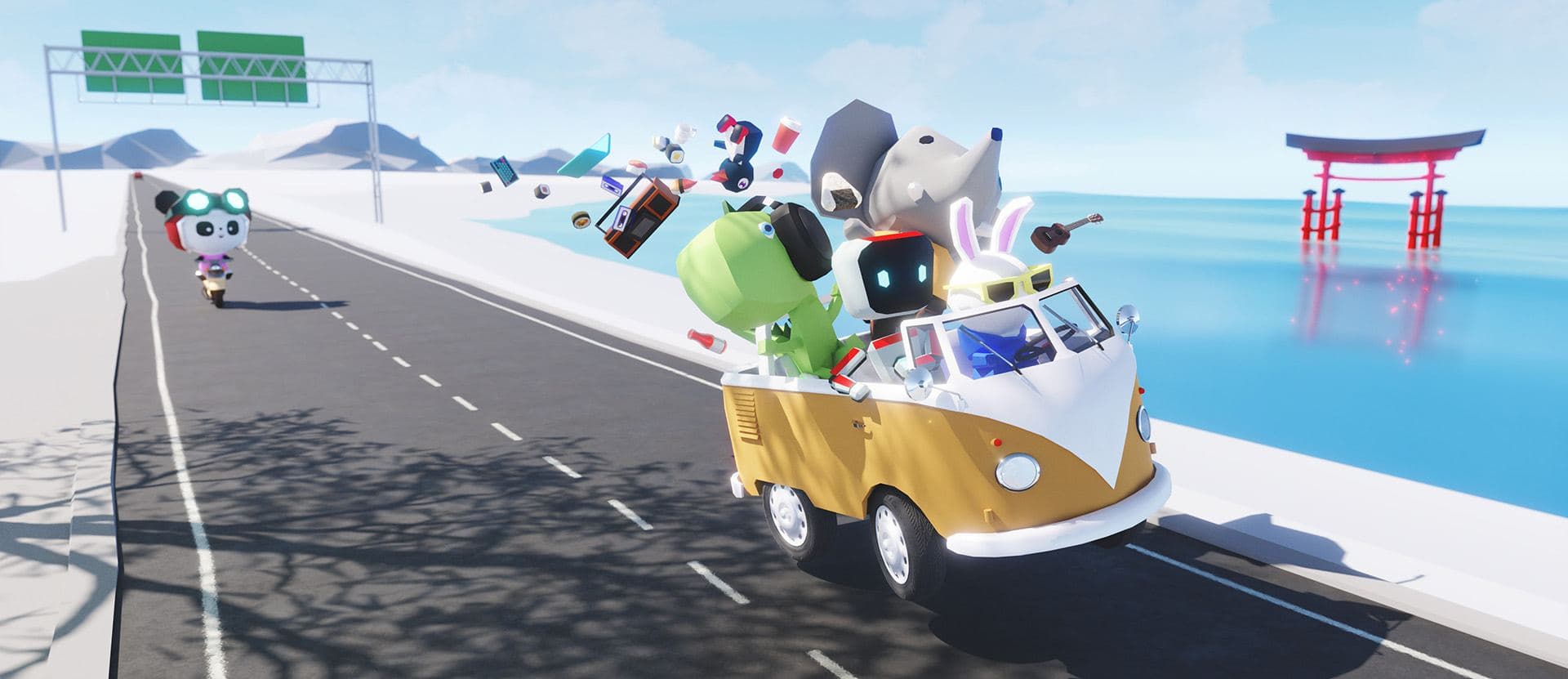 A VW bus full of characters driving along a coastal road