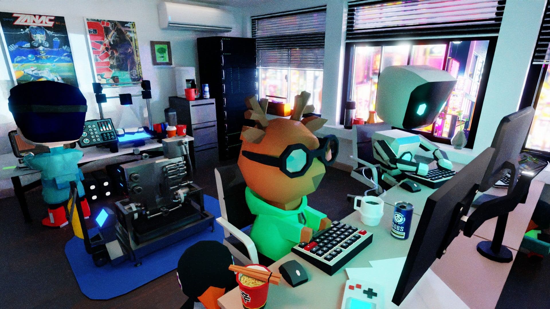 A cluttered desk with computers and a penguin character