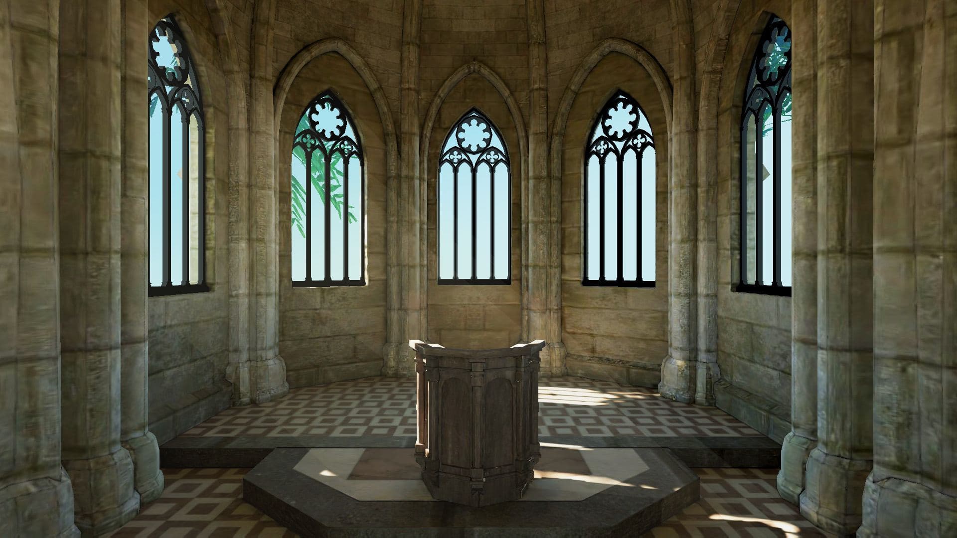Chapel window seen through leaves